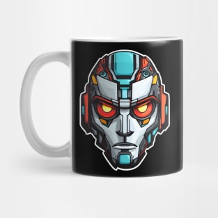 Stylized Robotic Head with Glaring Red Eyes Mug